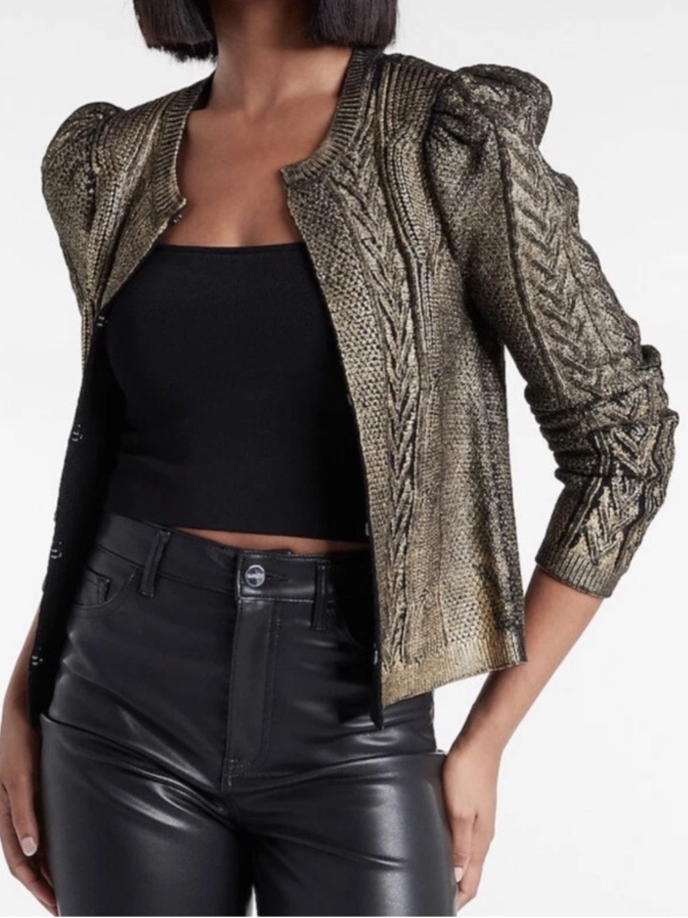 Express Gold Foil Metallic Cable Knit SWEATER JACKET Cardigan Textured Small